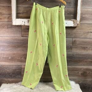 SILKLAND Womens 100% Silk Floral Flamingo Green Lined Side Zip Pants Size 10